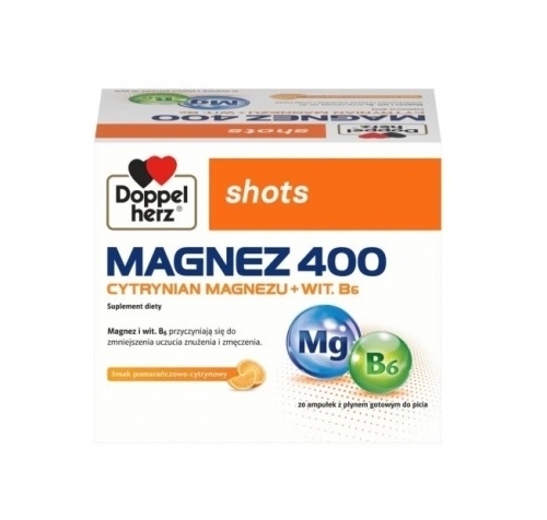 Zdjęcie DOPPELHERZ SHOTS MAGNEZ 400 Cytrynian magnezu + wit. B6 20 ampułek po 25 ml DATA 31.01.2026