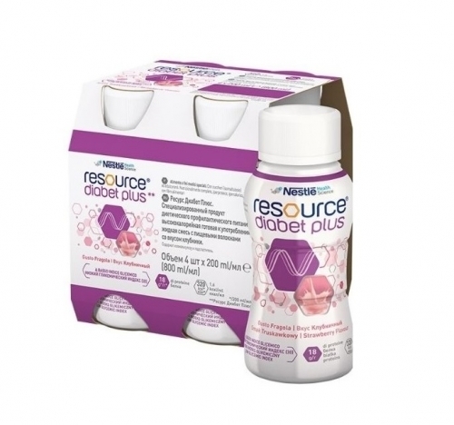 Zdjęcie RESOURCE Diabet Plus smak truskawkowy 4 butelki 200 ml