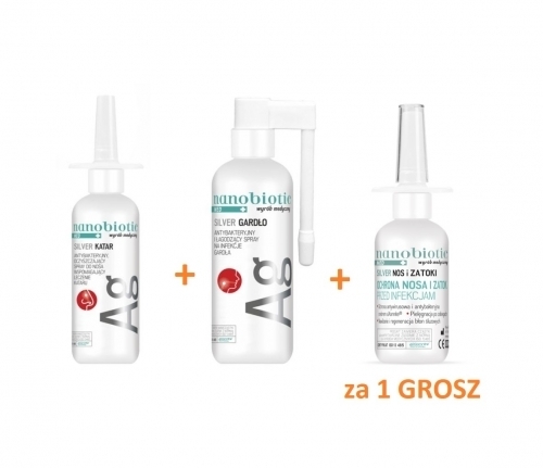 Zdjęcie NANOBIOTIC ZESTAW MED Silver Katar spray 30 ml + Gardło spray 30 ml + Nos i Zatoki 30 ml za 1 GROSZ