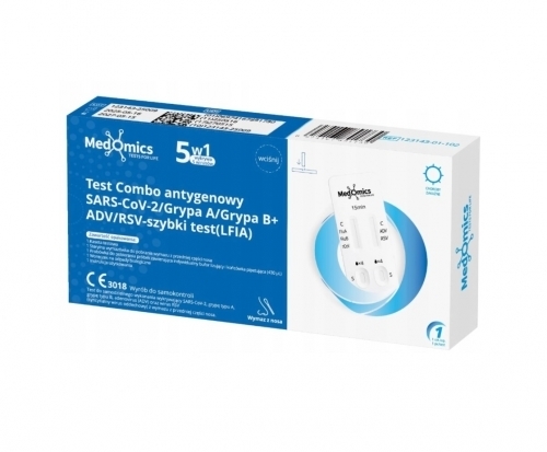 Zdjęcie MEDOMNICS Test Combo Covid-19 + Grypa A+B + RSV + Adenowirus zestaw 5w1 1 sztuka