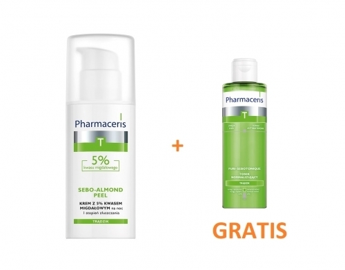 Zdjęcie PHARMACERIS T SEBO-ALMOND PEEL Krem z 5% na noc 50 ml + PURI-SEBOTONIQUE Tonik 100 ml GRATIS