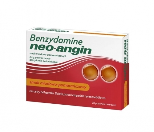 Zdjęcie BENZYDAMINE NEO-ANGIN 3 mg smak miodowo-pomarańczowy 20 pastylek twardych