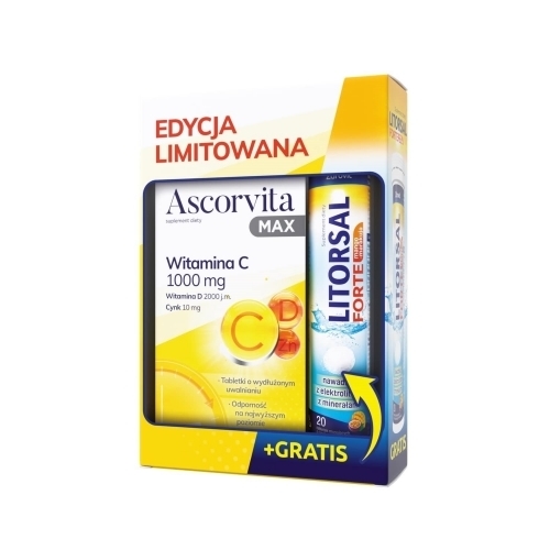 Zdjęcie ZESTAW ASCORVITA MAX 30 tabletek + LITORSAL FORTE o smaku mango-marakuja 20 tabletek musujących