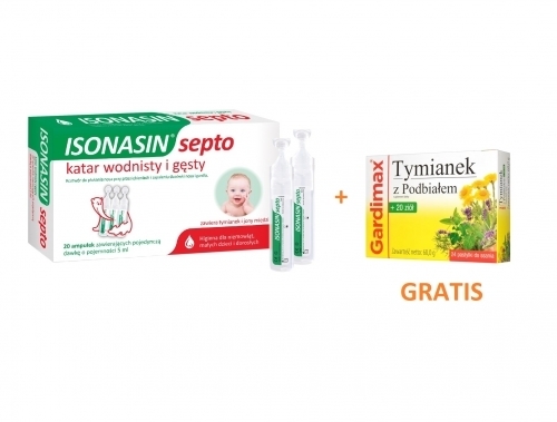 Zdjęcie ISONASIN SEPTO krople do nosa 5 ml 20 ampułek + GARDIMAX Tymianek 24 pastylki DATA 11.2024 GRATIS