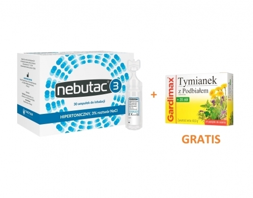 Zdjęcie NEBUTAC 3 roztwór do inhalacji 3 % 4 ml 30 ampułek+GARDIMAX Tymianek 24 pastylki DATA 11.2024 GRATIS