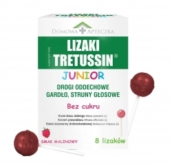 Zdjęcie DOMOWA APTECZKA Tretussin Junior Lizaki smak malinowy 8 sztuk