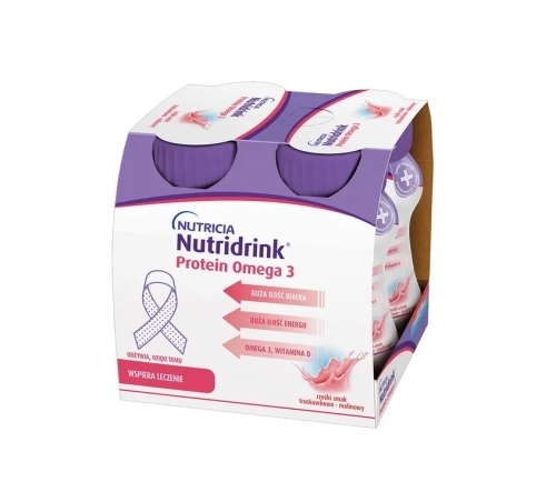 Zdjęcie NUTRIDRINK Protein Omega 3 rześki smak truskawkowo-malinowy 4 butelki po 125 ml
